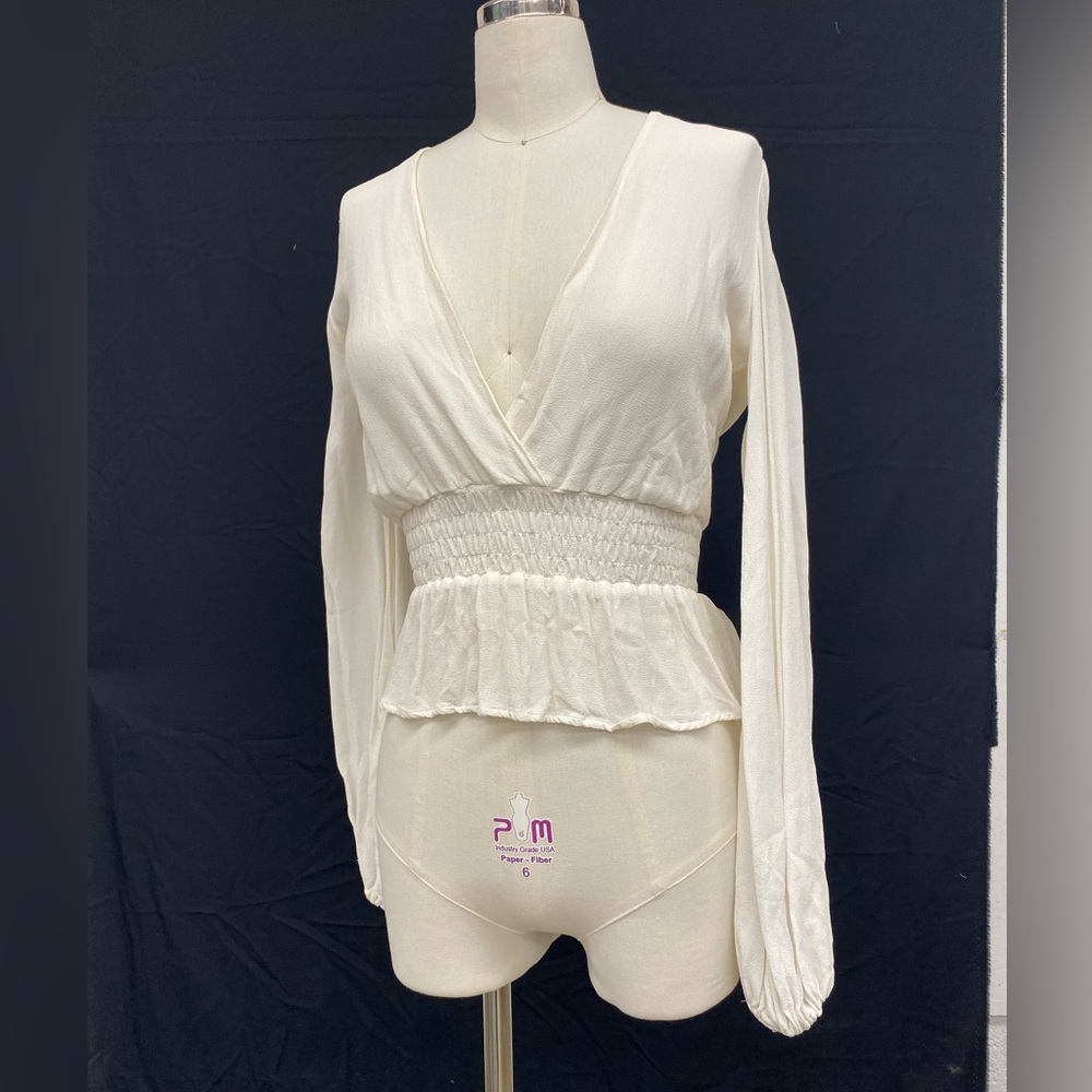 Reformation vneck ruched blouse with bell sleeves